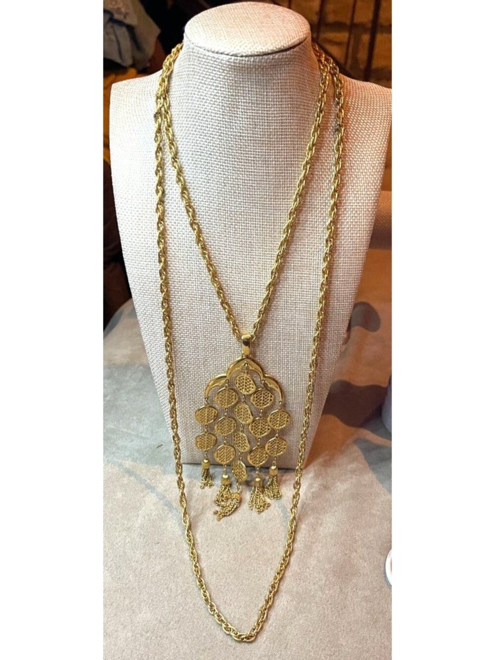 Vintage Crown Trifari Gold Tassel Waterfall Necklace Signed